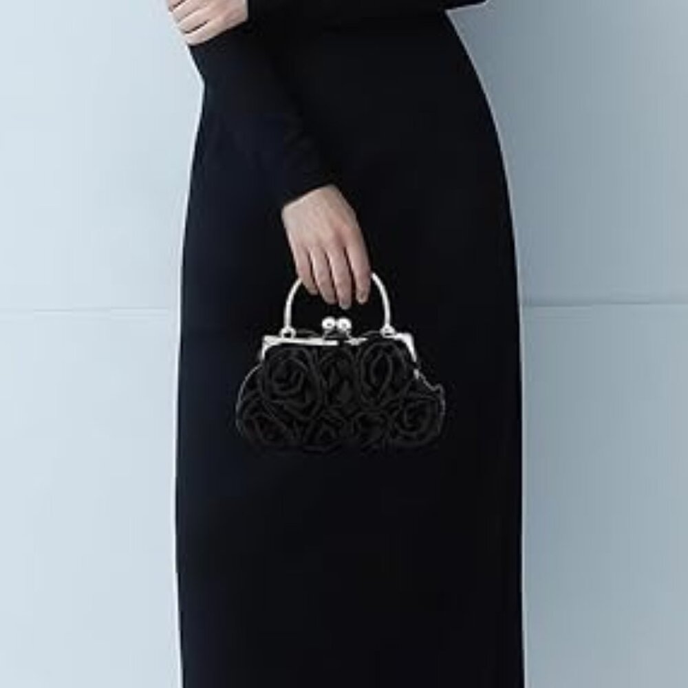 Neiman Marcus Black Floral Satin Small Evening Clutch Bag